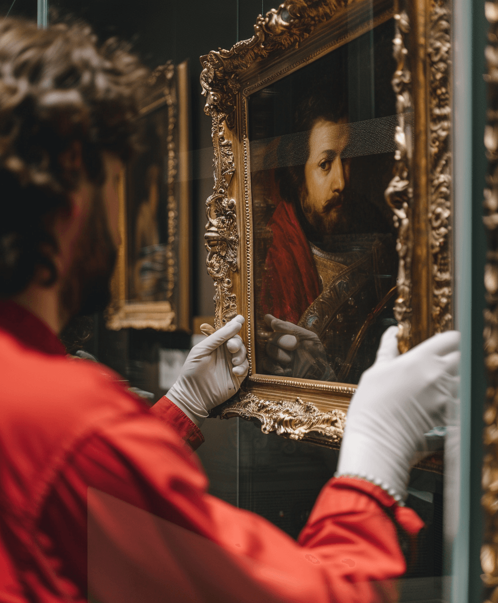 A gloved person in red carefully adjusts a classic portrait painting in a museum.