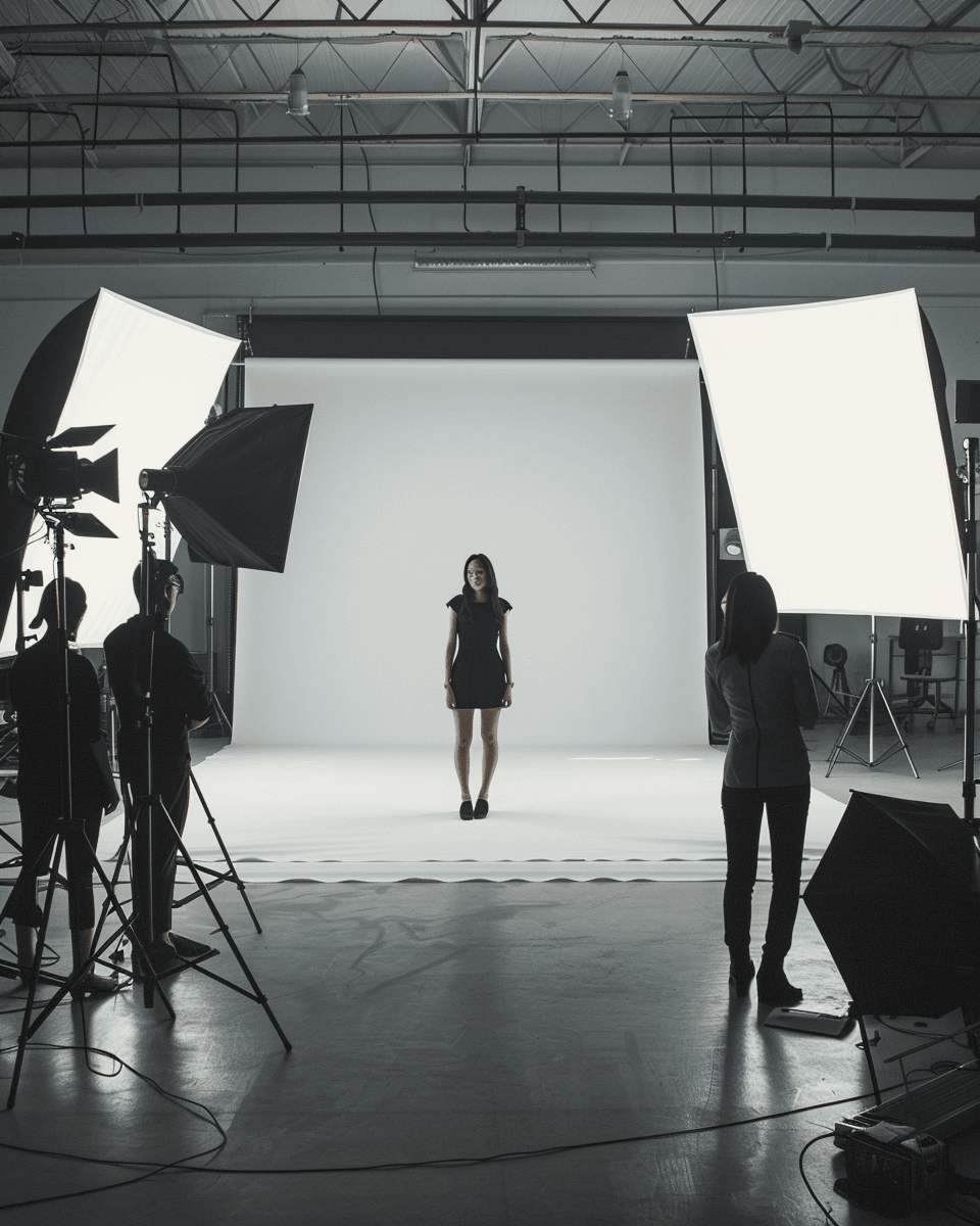 Woman in a black dress posing in a professional photo studio with lights and crew.