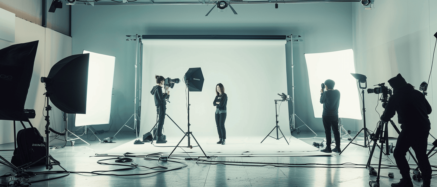 A person poses for photographers in a professional studio with various lighting equipment.
