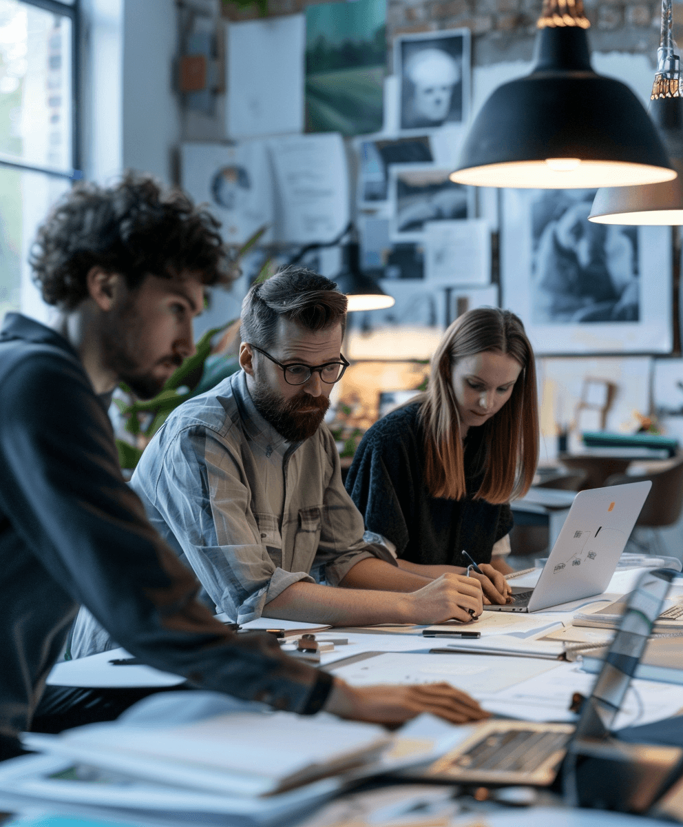 Three diverse professionals collaborate at a desk, reviewing documents and laptops in an office.