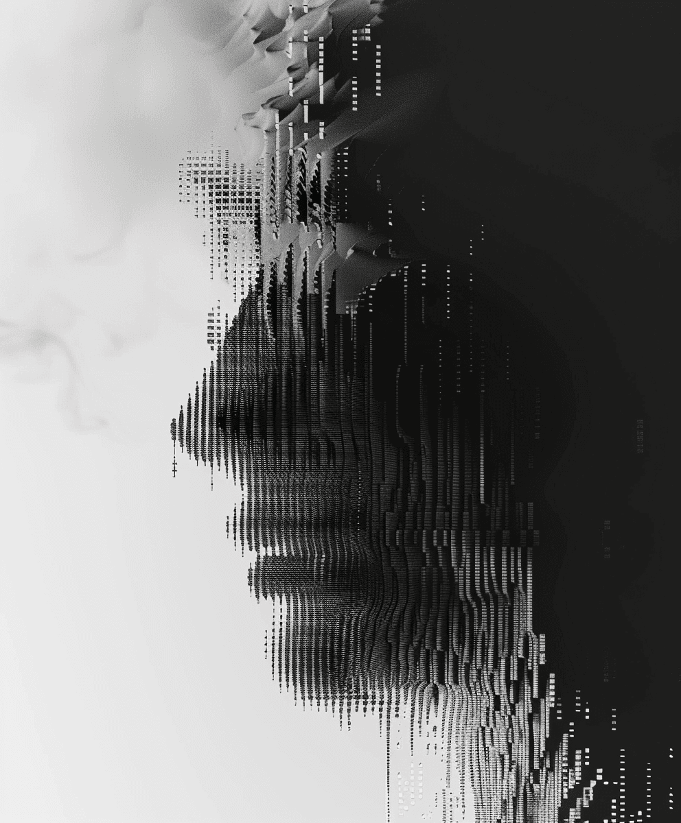 Black and white profile of a woman's face partially obscured by smoke and digital streaks.