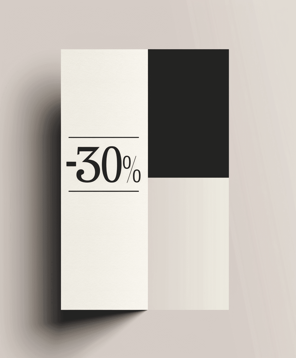 Minimalist graphic design featuring white and black sections with a prominent -30% discount text.