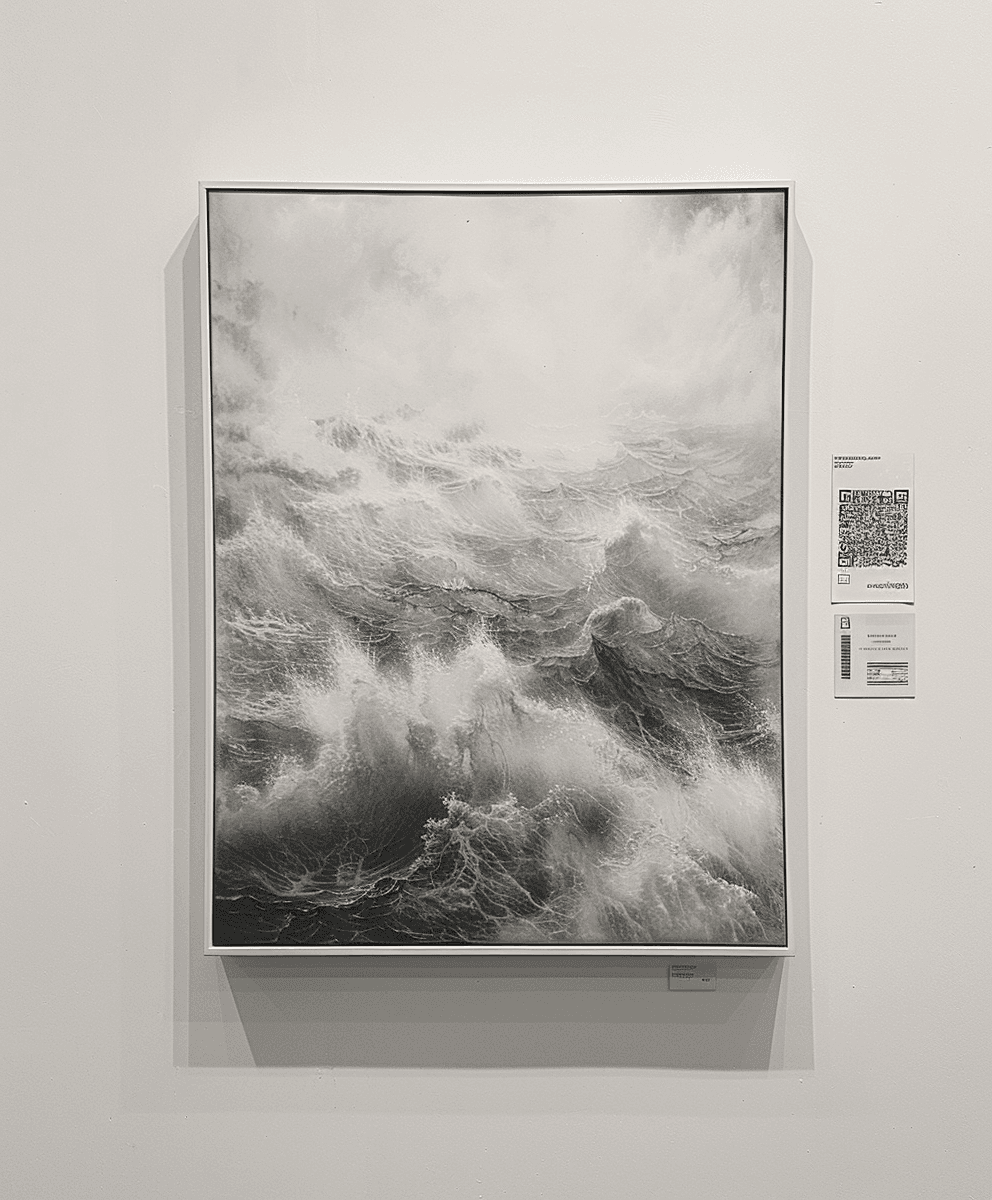 Framed black and white abstract art depicting dramatic swirling cloud-like or wave-like forms.