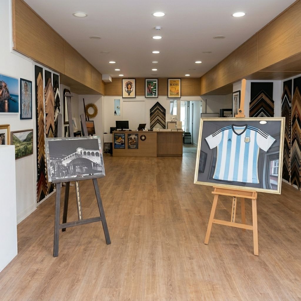 Custom framing shop showcasing a framed soccer jersey and framed architectural print on easels.