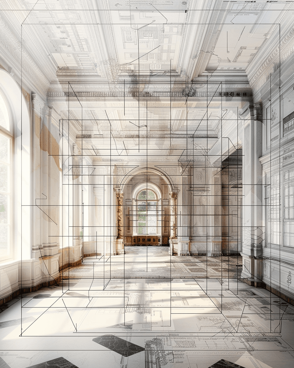 Ornate classical room overlaid with a transparent architectural wireframe design.