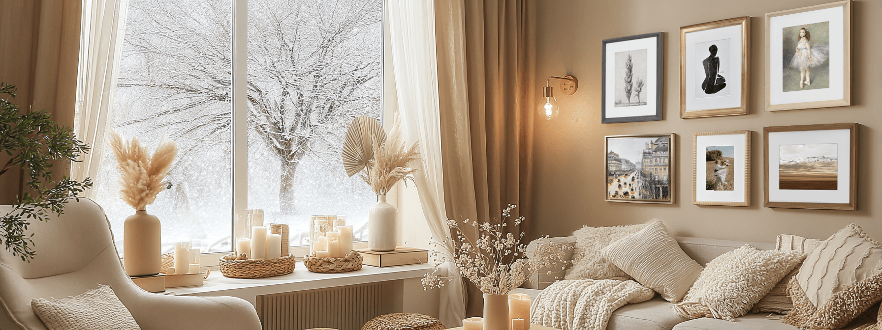 A warm, neutral-toned living room features a snowy window view and a decorated gallery wall.