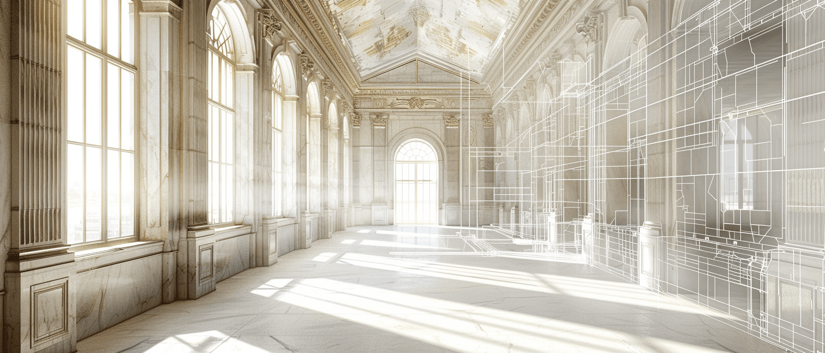Grand classical hall with large sunlit windows, partially overlaid with a wireframe design.