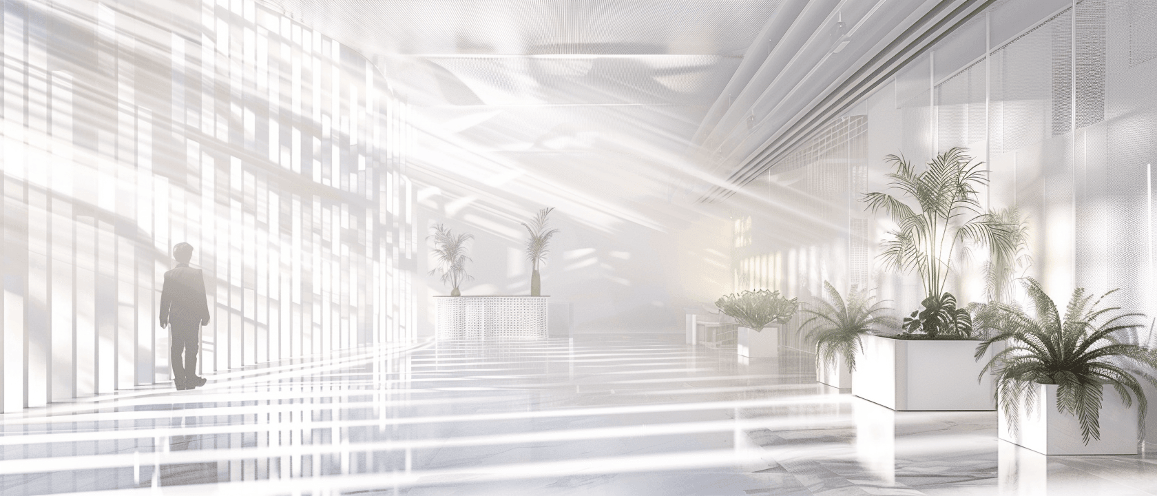 Bright, modern office hallway with a lone person walking and sunlight streaming through windows.