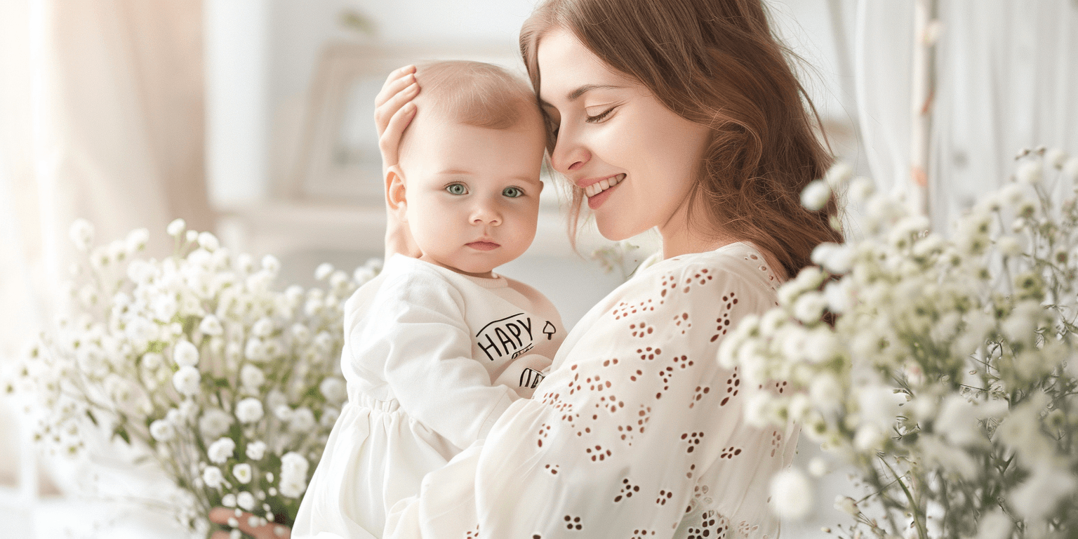 Young mother gently holds her baby, both looking content amidst white flowers.