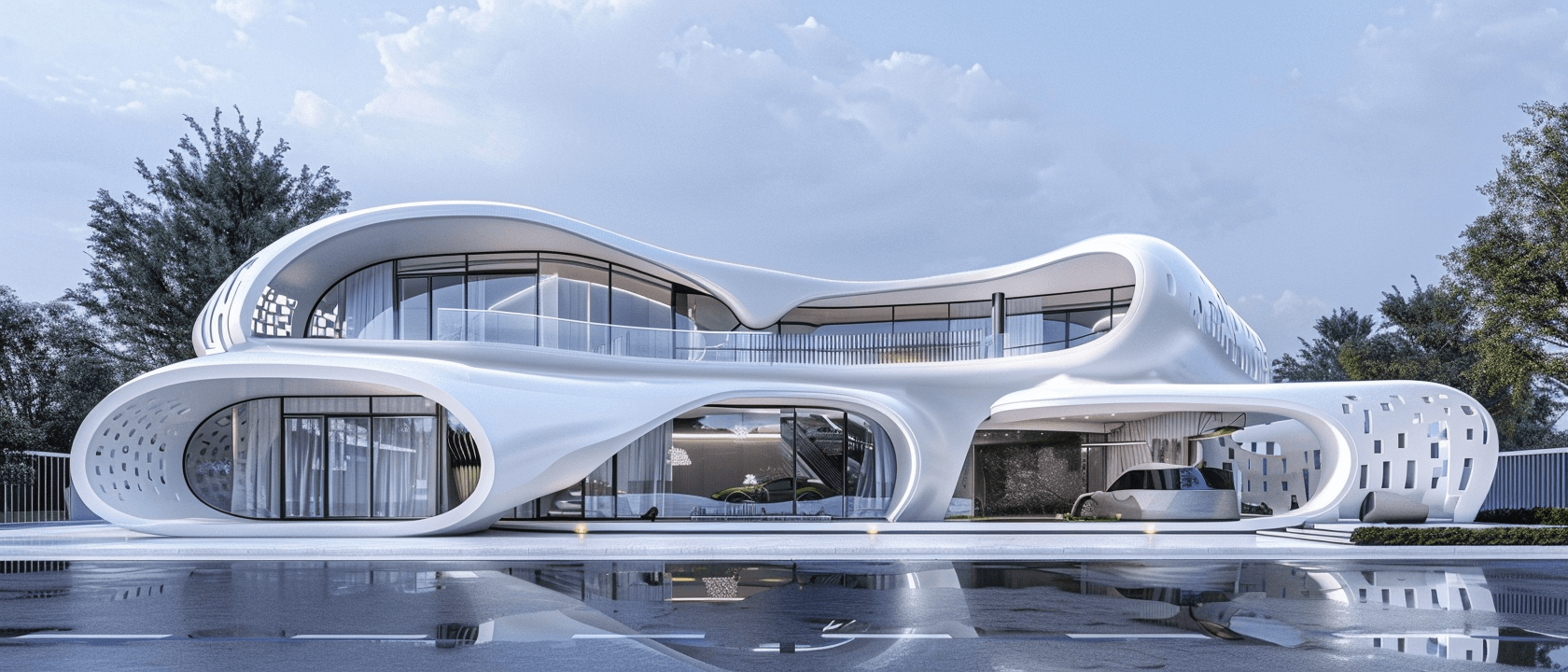 Futuristic white building with fluid, curved architecture and large glass windows.